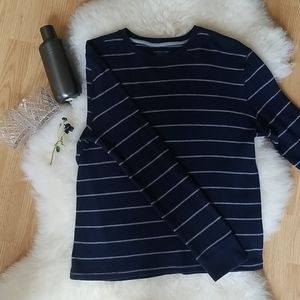 Long Sleeve Waffle Thermal, Navy w Gray Stripes